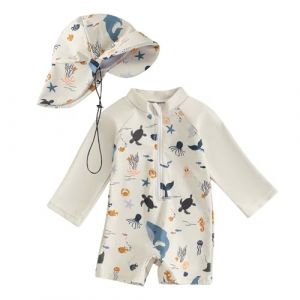 Maillot de Bain Enfant Bébé Garçon de 2 Pièces Anti-UV, Combinaison Zippé à Manches Longues Imprimé + Chapeau à Large Bord Maillot de Bain Bébé Garçon Maillots de Bain Fille (PINTUTU SEXY, neuf)
