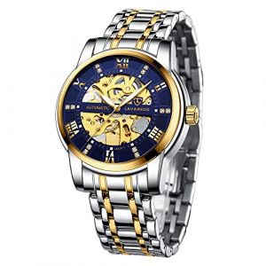 aswan watch Montre Automatique Homme-Cadran Squelette avec Chiffres Romains et Diamant-Montres Mécanique avec Bracelet en Acier Inoxydable (zsfei, neuf)