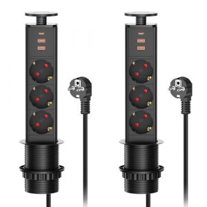 2 pcs - Multiprise Encastrable Bloc Prise Escamotable, Electrique 3 Prises avec USB C et 2 USB, Prise Plan de Travail Table, 4000W/16A, &Oslash; 60mm C&acirc;ble 1,8m - pour Cuisine Bureau Noir (YILONGEU, neuf)