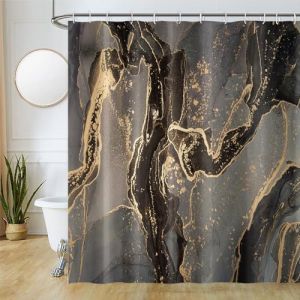 Uiiooazy Rideau Douche Noir et Doré, Rideau de Douche Effet Marbre Or Rideau de Baignoire Anti Moisissure Imperméable Tissu Polyester Lavable Rideau Douche avec Crochets pour Salle de Bain 180x200cm (dongguibinjingpinxiaodianpu, neuf)