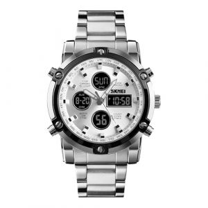 SKMEI Montre Bracelet pour Homme étanche analogique numérique avec chronographe LED Multi-Temps, Montre d'affaires en Acier Inoxydable, Argent 1389, 2.28 * 1.89 * 0.63 inches, Sports (ForraderDirect, neuf)