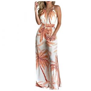 Combinaison d'&eacute;t&eacute; boh&egrave;me pour femme - Dos nu - Col en V - Dos nu - Fleurs boh&egrave;me - Sans manches - Pantalon d'&eacute;t&eacute; - Robe de plage longue et &eacute;l&eacute;gante - Robe longue et &eacute;l&eacute;gante, Orange, M (CHENQitore, neuf)