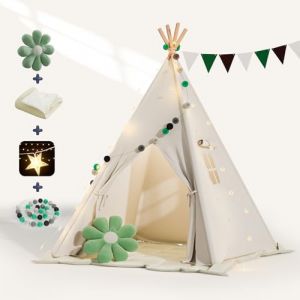 BlueWood Tipi Enfant avec lumière Tapis & fixateur, Tente d'intérieur pour Enfants, Tente de Jeu avec Drapeaux colorés, Coussin à Fleurs, Tapis antidérapant et Sac de Rangement, crème (LESGE GRPO, neuf)