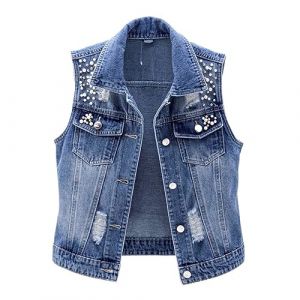 Shulemin Gilet en jean pour femme sans manches avec revers et perles d&eacute;coratives &agrave; simple boutonnage Couleur unie Gilet vintage Couleur unie Veste pour femme, bleu, XXXL (攀枝花周彬商贸有限公司, neuf)