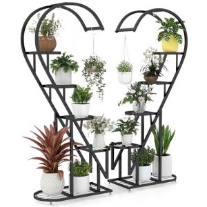 COSTWAY Support pour Plantes en Métal à 5 Niveaux, Étagère à Fleurs avec Crochet, Porte Plantes en Forme d'Échelle et de Demi-cœur, pour Salon, Balcon, 71 x 30,5 x 148 CM (Noir) (FDS GmbH, neuf)
