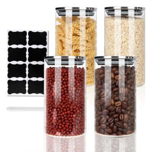FoiiLiio Bocaux Rangement Cuisine en verre Hermétique Lot de 4 Bocal en verre avec Couvercle 650 ml, Inox, pour Pâtes, Céréales, Thé, Haricots, Cornflakes (AVOGERS, neuf)