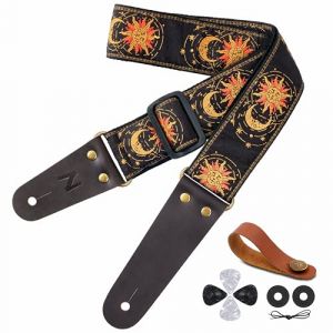 Nefelibata Sangle de guitare brodée soleil et lune avec extrémités en cuir de vache pour basse, guitare électrique et acoustique, bouton de sangle, 1 paire de verrous de sangle et 4 médiators (zsfeiniao, neuf)