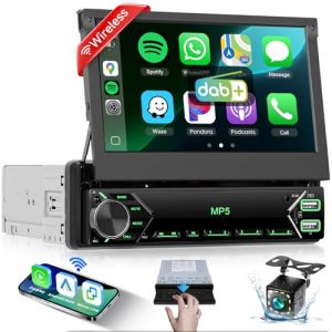 Autoradio 1 Din Rabattable de 7 Pouces avec Dab sans Fil Carplay Android Auto, Podofo 1 Din &eacute;cran Tactile Bluetooth autoradio avec Mirror Link EQ FM USB Type-C AUX Microphone HD Cam&eacute;ra de recul (Podofo, neuf)