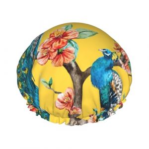 Joli bonnet de douche réutilisable avec imprimé paon - Double couche - Garde les cheveux au sec - S'adapte à toutes les têtes (Zhengzhou Ningqi Network Technology Co., Ltd, neuf)