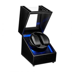 Mcbazel Double Remontoir de Montre, Bo&icirc;te &agrave; Montre &agrave; Double Position en Cuir PU, 5 Modes de Rotation Automatique, Bo&icirc;te de Rangement avec Chargement USB et Lumi&egrave;re LED Bleue &ndash; Noire (FUNNIPLAY, neuf)
