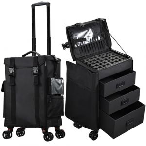 Valise Maquillage Roulante 4 en 1 Valise Coiffure Professionnel Malette Maquillage en Tissu Oxford Valise Onglerie Souple avec Roues Trolley Esthetique avec 3 tiroirs, Noir (Xaigor, neuf)