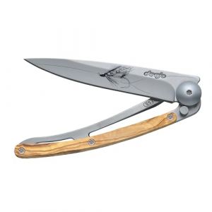 Deejo - Couteau de Poche Pliant 27g - Manche en Bois d&rsquo;Olivier, Lame en Acier Inoxydable Z40C13 - Motif Silver Wilkinson - Couteau de Table, Randonn&eacute;e, Camping, Bivouac (Deejo, neuf)