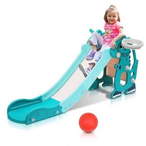Joparri Toboggan Pliable 4 en 1 pour Enfant avec Panier de Basket-Ball, pour Enfants de 1 à 3 Ans, pour l'intérieur et l'extérieur, jusqu'à 35 kg, 145 x 38 x 67 cm, Vert (SUNMMIN, neuf)
