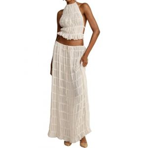 Miolasay Ensemble deux pi&egrave;ces pour femme avec jupe longue fluide &agrave; lacets, d&eacute;bardeur sans manches et jupe longue fluide, v&ecirc;tements de plage d'&eacute;t&eacute; Y2K, A - Blanc, M (xxslhsmyxgs, neuf)