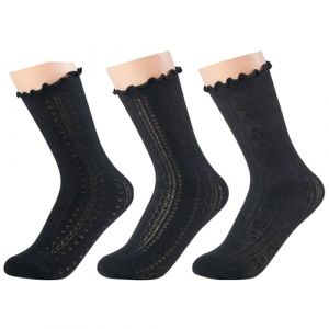 FrostyFlair Chaussettes &agrave; Volants pour Femmes, 3 Paires Noires Chaussettes Traditionnelles avec Volants, Chaussettes Mignonnes pour Femmes, Chaussettes Longues, Tenue Ann&eacute;es 50, Chaussettes &agrave; (xianbanshuoshangmaoyouxiangongsi, neuf)