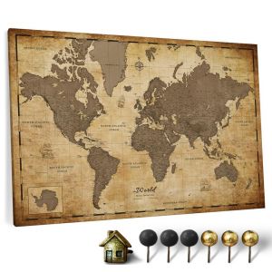 Carte du monde en toile avec tableau d'affichage en liège - Labels en anglais - Décoration murale décorative pour toutes les pièces - Tableaux sur toile (150x100 cm, Motif 1) (canvascale_maps, neuf)