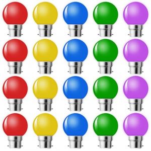 MZYOYO Lot de 20 Ampoule LED Couleur B22 Baïonnette,Ampoule Guirlande Exterieure,Ampoules B22 LED 1W G45,Multi Colore,Équivalent 5W,Rouge Jaune Bleu Vert Violet,Pour Chaîne,Noël,Veilleuses De Fête (MZYOYO, neuf)