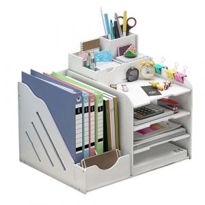 Étagère de Stockage A4 – Organiseur de Bureau Bois Blanc – Support de Fichier de Bureau Multifonctionnel – Rangement Bureau Esthétique et Pratique – Classeur en Bois pour Papiers et Documents (havenlyh, neuf)