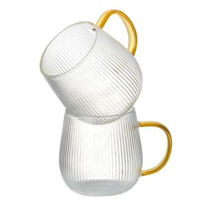 GLASKEY Lot de 2 Tasses &agrave; Caf&eacute; en Verre Borosilicate avec Poign&eacute;e Jaune Clair,Verres Tasses &Agrave; Caf&eacute; de 370 ml avec Verre Nervur&eacute;,Tasse &agrave; Th&eacute; pour Cappuccino,Latt&eacute;,Boissons Chaudes/Froides (GLASKEY EU, neuf)