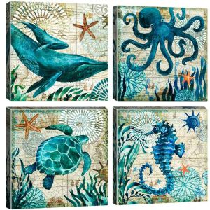 Artscope 4 Parties Impression sur Toile - La Vie Marine Bleue Impression sur Toile Décoration Murale pour Chambre Peintures à l'huile pour Maison Bain Salon Chambre 30x30CM (Goolee, neuf)