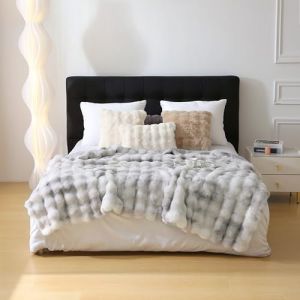 DREAMLANDING Couverture en fausse fourrure de lapin de luxe en peluche sherpa r&eacute;versible, couverture en fourrure duveteuse chaude et confortable pour lit, canap&eacute;, fauteuil, d&eacute;coration de la maison (HangZhou Azure, neuf)