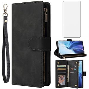 Asuwish Coque pour Xiaomi Mi 11 Lite 4G/5G NE Portefeuille avec Verre Tremp&eacute; et Porte Carte Chaine PU Cuir &agrave; Clapet &Eacute;tui Housse Support Mi11Lite M11 11Lite Protection T&eacute;l&eacute;phone Case Femme Homme Noir (Asuwish Official Store, neuf)