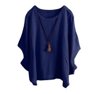 ORANDESIGNE Chemise Lin Femme Chemisier Coton Et Lin Col Rond Manches Chauve-Souris Tops Unie Lâche Respirant T-Shirts Demi-Manches Casual Lin Tunique Blouse Pas d'accessoires A Marine XL (ORANNER EU, neuf)