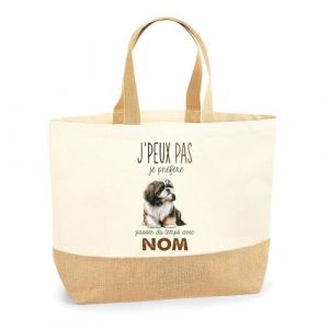 Planetee Sac Cabas de Plage Personnalisable Chien Passer du temps avec Pr&eacute;nom Nom | Toile de Jute Coton Courses Id&eacute;e Cadeau Personnalis&eacute; (Shih Tzu) (PLANETEE, neuf)