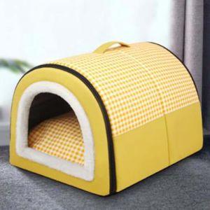 Lit igloo pliable 2 en 1 avec coussin amovible anti-anxi&eacute;t&eacute; - Niche apaisante et chaude pour chien et chat - 70 x 55 x 45 cm, jaune (Mozzeilee, neuf)