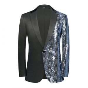 PYJTRL Blazer pour homme avec motif feuilles en paillettes vert bleu or, Argent&eacute;., M (WEIBAIJIA, neuf)
