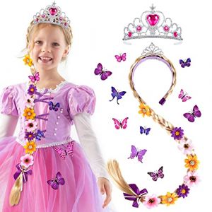 vamei Perruque Raiponce Enfant Fille Perruque Princesse Fille Raiponce Accessoires avec Princesse Diadème et Papillon Broche Cosplay Perruque Tresse pour Filles Carnaval Haloween Fête (vamei, neuf)