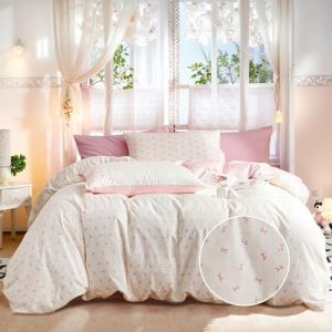 Freyamy Housse de Couette en Coton 140x200+1 Taie d'oreiller 65x65cm Beige Rose N&oelig;ud Papillon Ado Parure de lit Impression de N&oelig;ud Sets de Housse Couette Adulte Filles avec Fermeture &Eacute;clair (Mitchell'SZ, neuf)