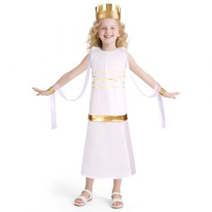 DiULi Costume Grec Fille Robe Déesse Grecque avec Bracelet et Diadème, Taille Élastique Ajustable pour Halloween, Carnaval, Fêtes Déguisées, Tenue Déesse Antique pour Filles 130cm (Cinye, neuf)