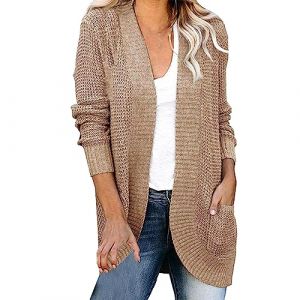 Cardigan en tricot &eacute;pais pour femme - Oversize - Long - Grosse maille - Court - Sans boutons - Avec poches - Cardigan d&eacute;contract&eacute; - Manteau &eacute;l&eacute;gant - Pull couleur unie - Manteau en tricot, marron, M (One like, neuf)
