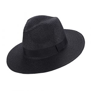 Chapeau de Soleil -Panama Chapeau Floppy Chapeau de Paille Femme Homme Chapeau de Paille Chapeau Été Large Bord Chapeau de Soleil Anti-UV pour Plage Voyage (Noir) (FangYun, neuf)