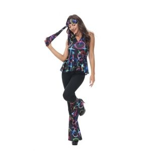 Josamogre Déguisement Année 80 60, 70, 90 Femme Disco Hippie Costume Robe Vetement Halloween Hippie Pantalon Set Grande Taille Noir M (Josamogre Corset, neuf)