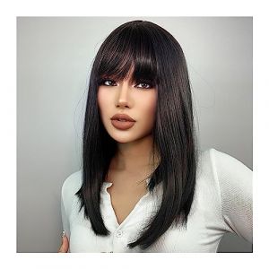 Perruque Naturel Naturel noir moyen droit Bob perruque synthétique cheveux Cosplay fête Lolita femmes filles perruques avec frange fibre résistante à la chaleur Perruque Coupe (zengfanjunuk, neuf)