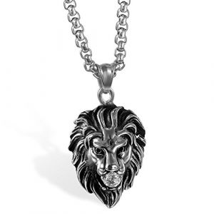 JewelryWe Collier Pendentif Homme T&ecirc;te de Lion Pierre de Zircon Cha&icirc;ne 56cm Acier Inoxydable Fantaisie Couleur Noir Argent Avec Sac Cadeau (JewelryWe Bijoux, neuf)