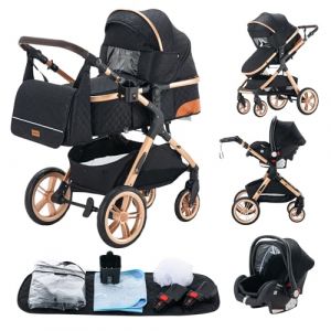 YAZOCO Poussette 3 en1 Compacte Poussette CombinéEs Anstout Terrain Luxe Haut Paysage Quadruple Pliable Canne Bébé Poussettes Sac à couches, Siège, Housse de pluie (YAZOCO BRAND STORE, neuf)