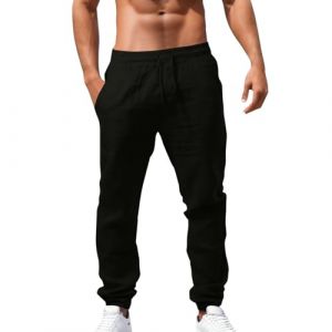 Pantalon en lin pour homme - Pantalon ample en lin avec cordon de serrage - Poches d'été - Pantalon en lin décontracté et respirant - Couleur unie - Confortable - Décontracté - Streetwear, Noir , 5XL (MAWAEN78V, neuf)