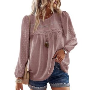 TUUHAW Chemise Femme Chic et &Eacute;l&eacute;gant Automne Grande Taille Manches Longues Boh&egrave;me Top Col Rond Dentelle D&eacute;contract&eacute; Haut T-Shirts Fluide &agrave; Point Suisse Tunique Rose XXL (TROFANO, neuf)