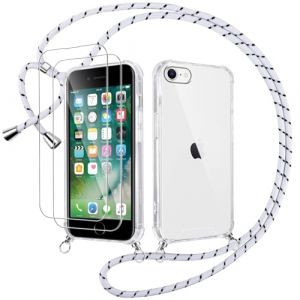Votvloay Coque Cordon pour iPhone 8/7/SE 2020/SE 2022 4,7" avec 2 Pi&egrave;ces Verre Tremp&eacute;,Transparent &Eacute;tui R&eacute;glable Laniere Collier Corde Case, Mince TPU Souple Silicone Housse Antichoc Bumper Cover,Blanc (TERRA NOVA DISTRIBUTORS, neuf)
