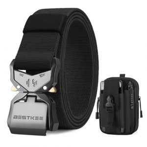 BESTKEE Ceinture Tactique 3.8 cm de Travail Militaire - Nylon Robuste Noir Avec Boucle en Métal à Dégagement Rapide - Offerte Avec Sac Tactique MOLLE (Langjia, neuf)
