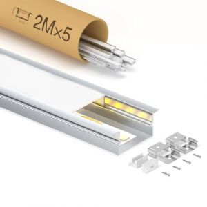 GEEKLUX 5 x Profilé LED Encastrable 2 m (10 m), Corniche Led et Profilés en Aluminium pour Ruban LED jusqu'à 15 mm, Diffuseur en PC, Rails LED avec Clips, Idéal pour Plafond et Montage Encastré (Weijian Lighting, neuf)