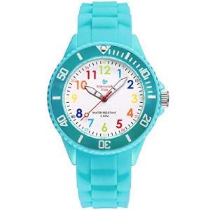 Alienwork Kids Montre P&eacute;dagogique Apprendre l'Heure Enfants Fille Turquoise Bracelet en Silicone Multicolore Enfants R&eacute;sistant &agrave; l'eau 5 ATM Temps d'apprentissage (?Alienwork, neuf)