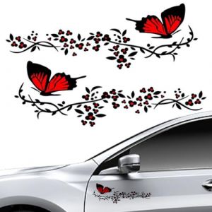 CLKE 2 Pcs Autocollant Voiture, Stickers pour Voiture Avec Motif Papillons et Fleurs,Stickers Personnalisé pour Capot Couverture de Voiture,Moto,Planches à Roulettes,Valises,Murs(Rouge et Noir) (ALISCH  L, neuf)