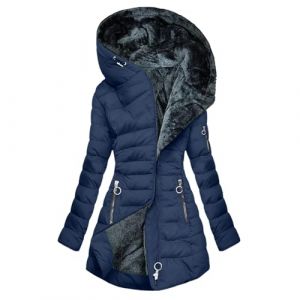NSICBMNO Veste d'hiver pour femme - Grande taille - Veste matelass&eacute;e longue - Doudoune doubl&eacute;e en polaire - Manteaux &agrave; capuche en fourrure - Manteau long chaud avec poches, Bleu marine, 3XL (NSICBMNO - IUsure, neuf)
