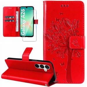 Dcjlbo Coque pour Samsung Galaxy A26 5G Etui Portefeuille Cuir avec Verre Trempé Motif Porte Carte à Rabat Clapet Housse Protection Flip Case Étui Coque pour Samsung Galaxy A26 5G-Rouge (Dcjlbo, neuf)