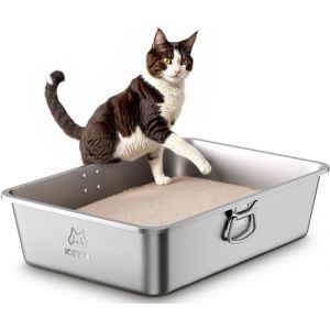 Bac Litiere pour Chat en INOX avec Poignées, Bac à Litière pour Grands Chats et Lapins, Caisse Chat Litiere XXL, Litiere Toilette pour Maine Coon, Anti-Adhérent, Anti-Odeurs, Facile à Nettoyer (ICOYEA, neuf)