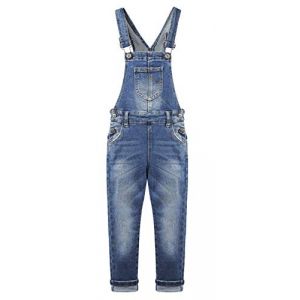 KIDSCOOL SPACE Salopette jean denim doux à la mode pour filles, bleu profond, 8-9 ans (kidscool space, neuf)